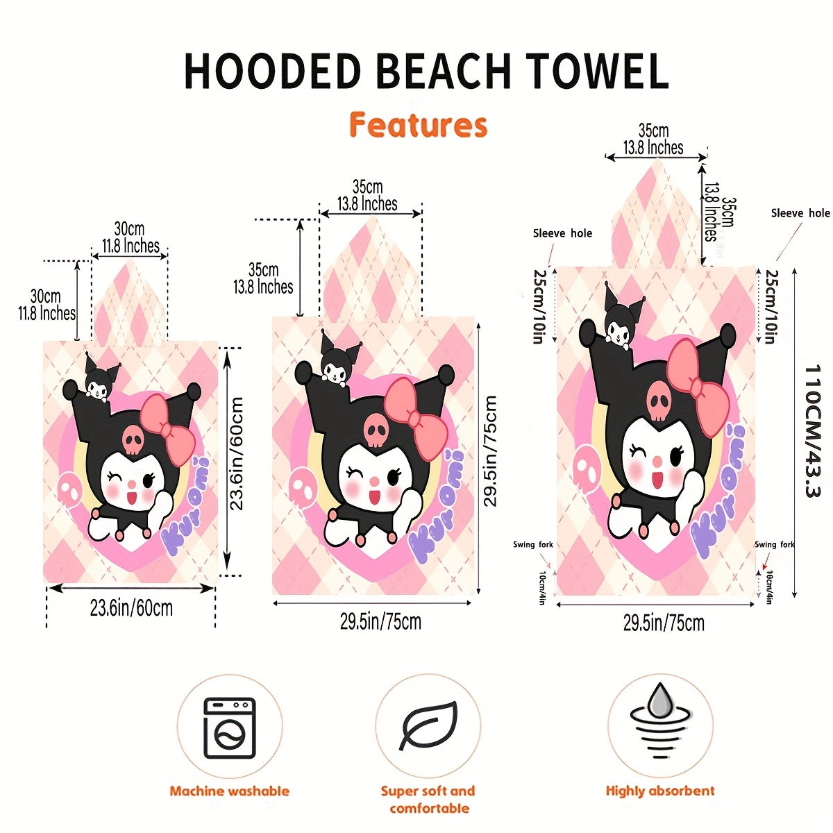 1pc Sanrio Kuromi Adult & Kids Wearable Beach Towel with Hood - Quick-Dry Microfiber Bathrobe, Cute Kuromi Character Swim Wrap, Machine Washable for Pool, Bath, Travel - Ideal for & Adults