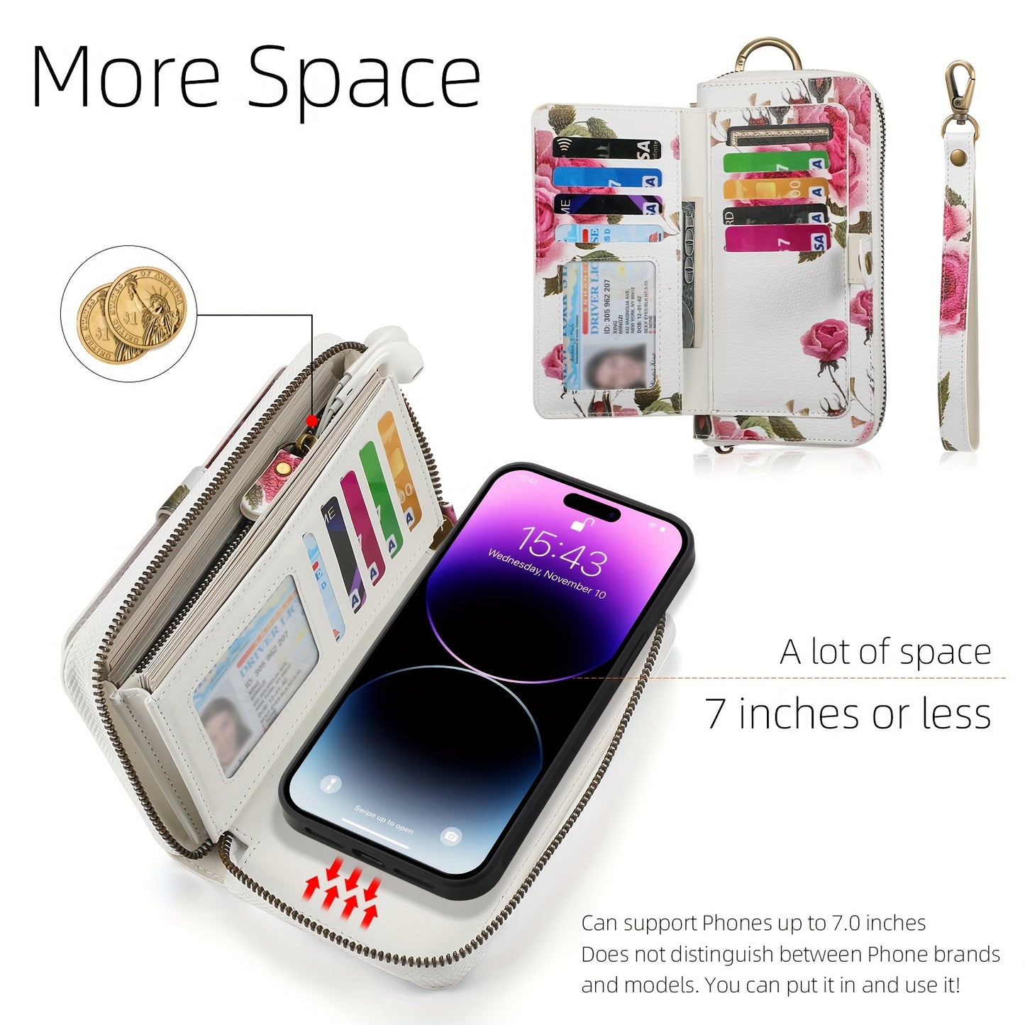 Flower Pattern PU Leather Zipper Handbag Fashion Large Capacity Long Wallet Clutch Bag Phone Bag Multi-card Card Holder Coin Purse Wallet
