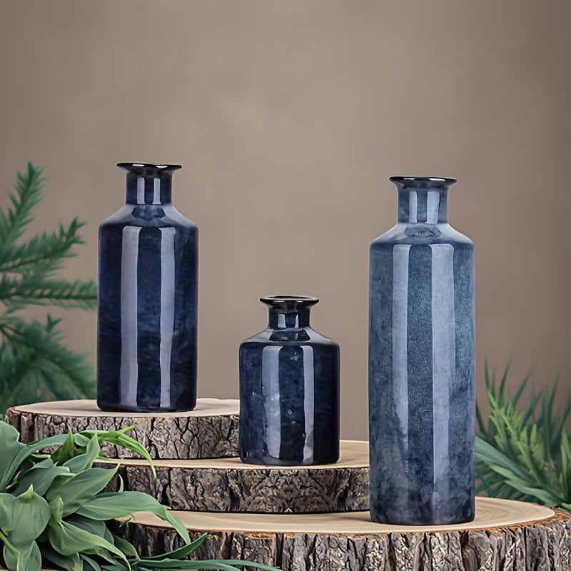 3pcs/set Glazed Rustic Blue Vase Modern Ceramic Vase, Used For Home Decoration, Suitable For Fireplace, Table, Kitchen, Living Room Decoration