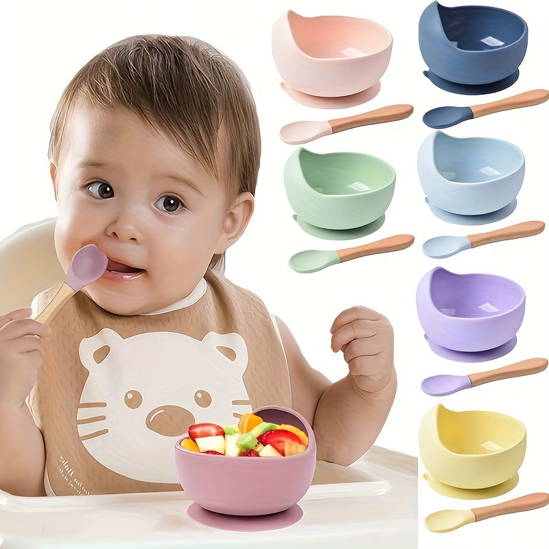 1set Baby Feeding Bowl And Spoon Set, Silicone Baby Bowl Suction Cup With Wooden Spoon Silicone Suction Base Non Slip Baby First Feeding Kit Gift For Toddler Children Girls Boys, Halloween, Thanksgiving, Christmas Gift