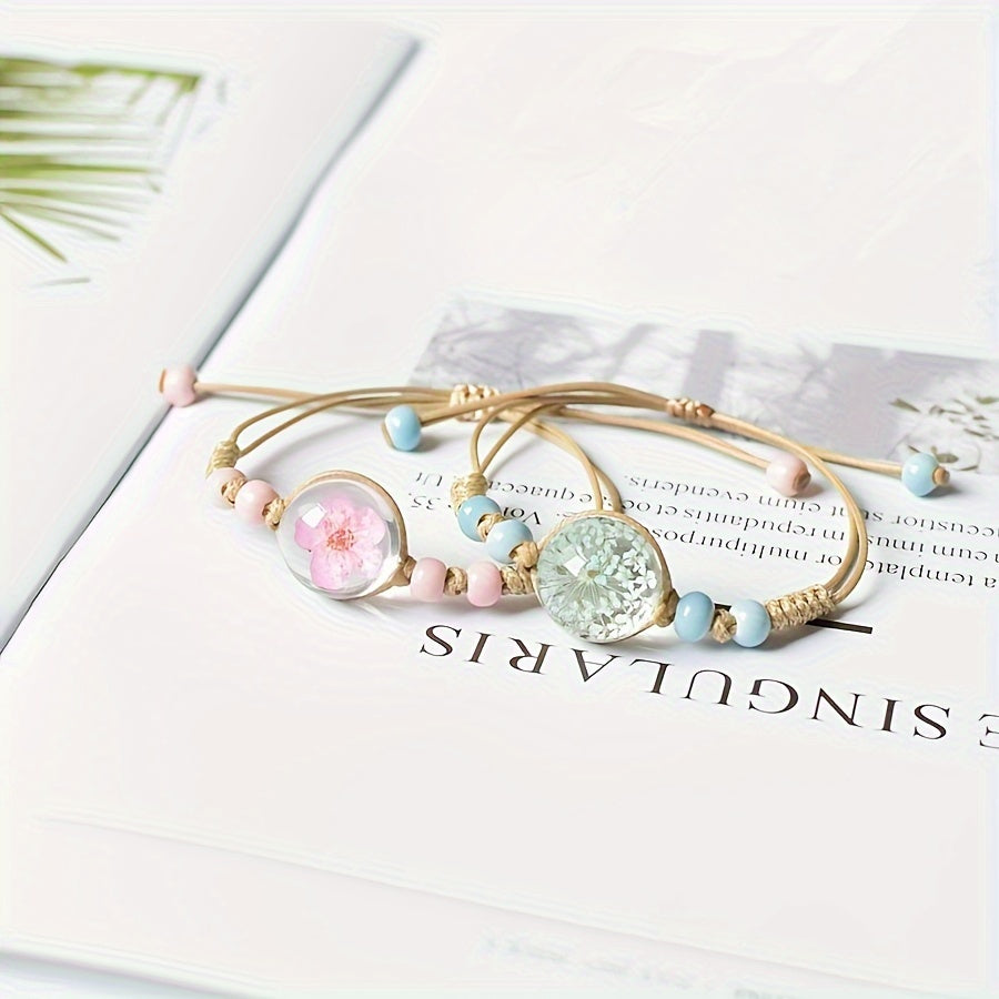 1pc Cute Full Star Dry Eternal Flower Decor Handmade Adjustable Bracelet, Exquisite Holiday Birthday Gift For Besties