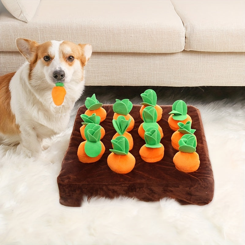 Durable Plush Dog Toy with Squeaker - Carrot Design for Medium Dogs, Chew-Resistant & Dental Health, Interactive Fun for Pets, Soft Faux Fur Base, Green & Brown, Puppy Toys