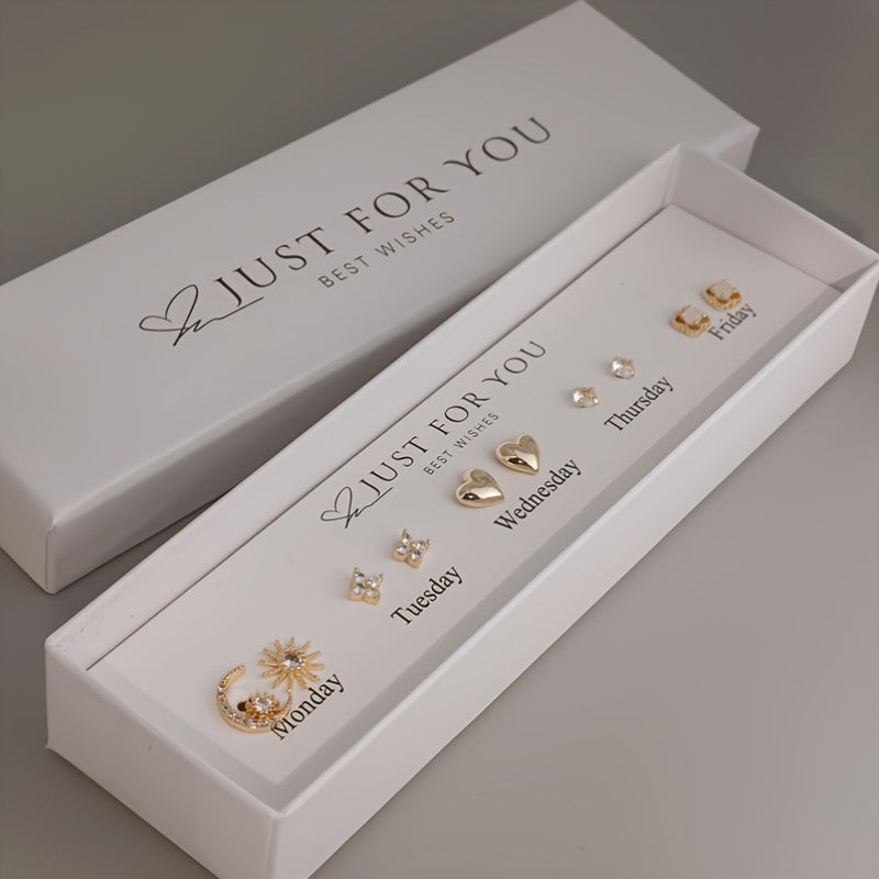 Gift Box Set Featuring Synthetic Zirconia, Allowing for Casual Mix-And-Match for All Seven Days of The Week. Designed with a Star And Moon Goddess Theme, It Includes Smooth Heart Shapes And Hollow Flower Designs, Perfect for