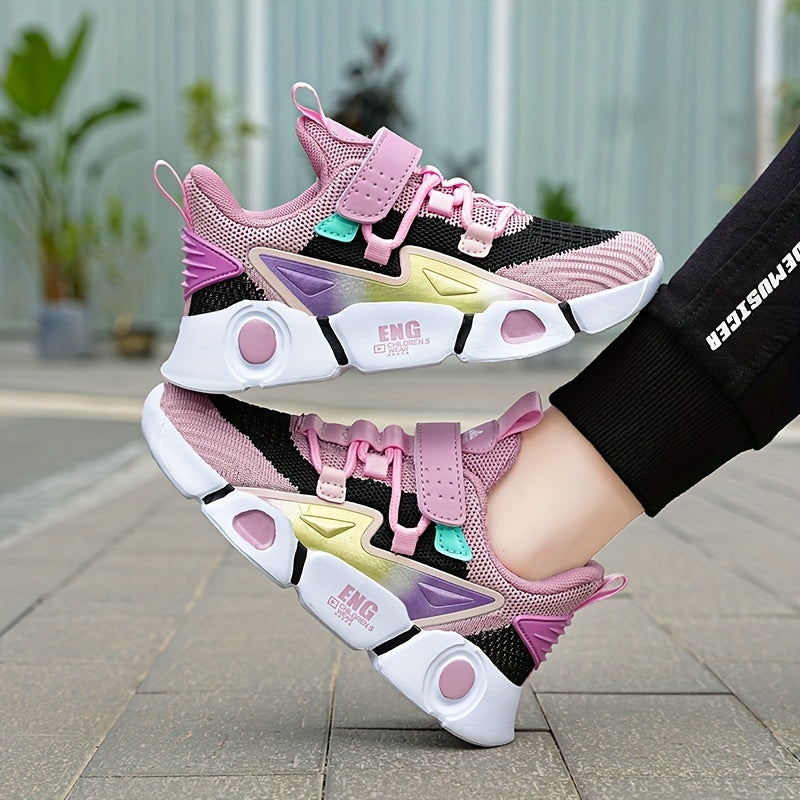 Girls' Breathable Knit Sneakers - Fashionable Striped Low-Top Sneakers with Closure, Lightweight & Comfortable for All Seasons, Pink & Black Design with Mesh Upper and EVA Sole, Youngsters Sneakers | Fashionable Striped Sneak