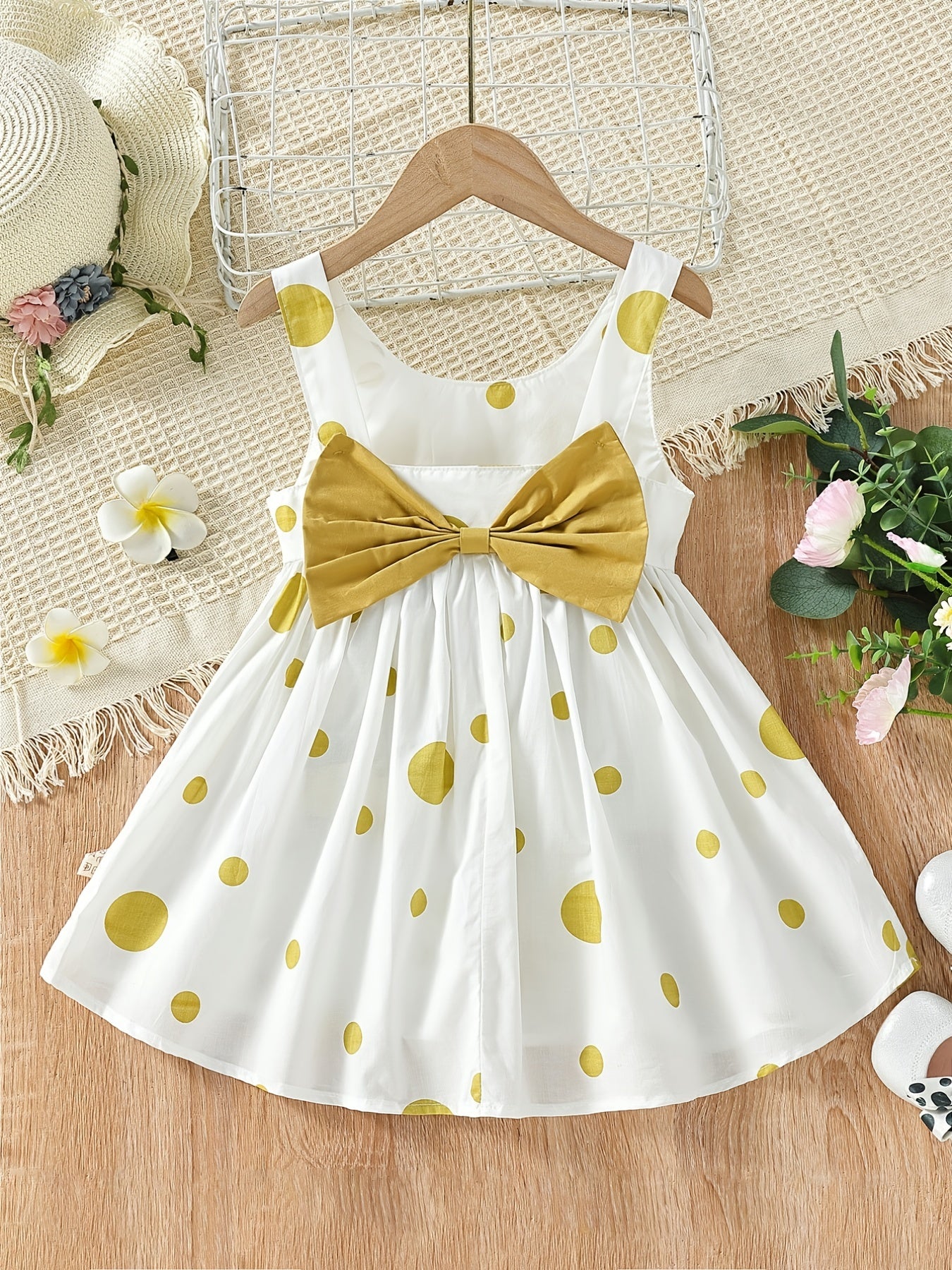 Girls' White Spaghetti Strap Dress with Red Polka Dots And Bow Decoration, a Cute Summer Outfit