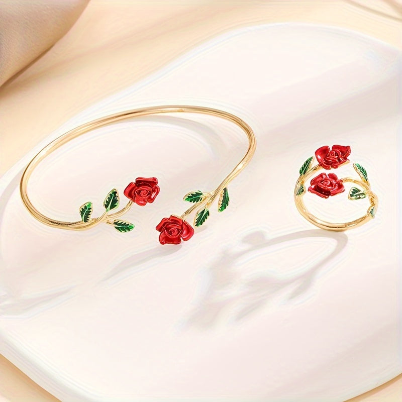 Elegant Rose Flower Design Bangle Ring Set Women's Floral Design Jewelry Gift Accessories