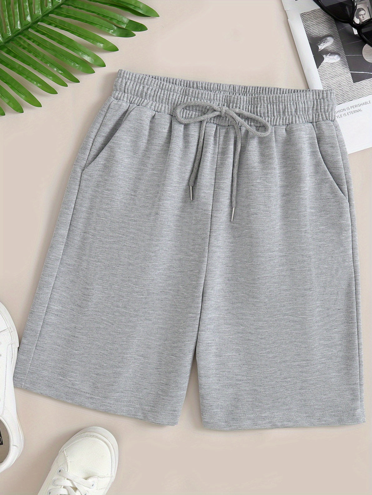 Solid Sports Shorts With Pockets, Tie Waist Casual Every Day Shorts, Women's Clothing