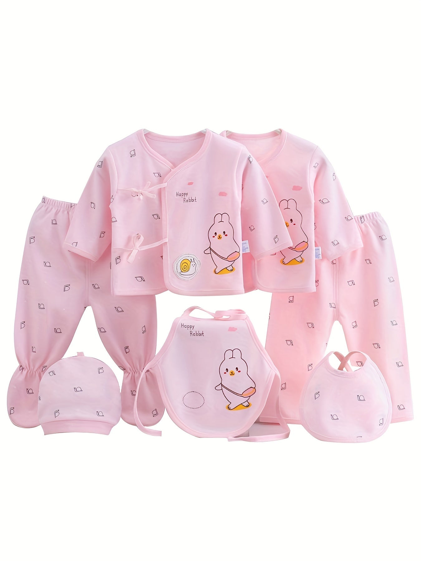 7pcs Newborn Outfits Gifts, Cute Graphic Baby Boys Girls Cotton Comfy Clothes Set - Footed Pants Cardigan Top Trousers Hat Bib Set Outdoor Clothes Outdoor Clothes