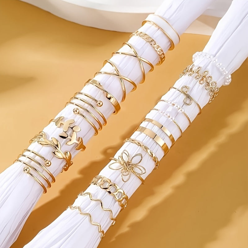 21pcs Chic Stacking Rings Trendy Leaf/ Flower/ Chain Design Mix And Match For Daily Outfits Party Accessories Gift For Your Family/ Friends