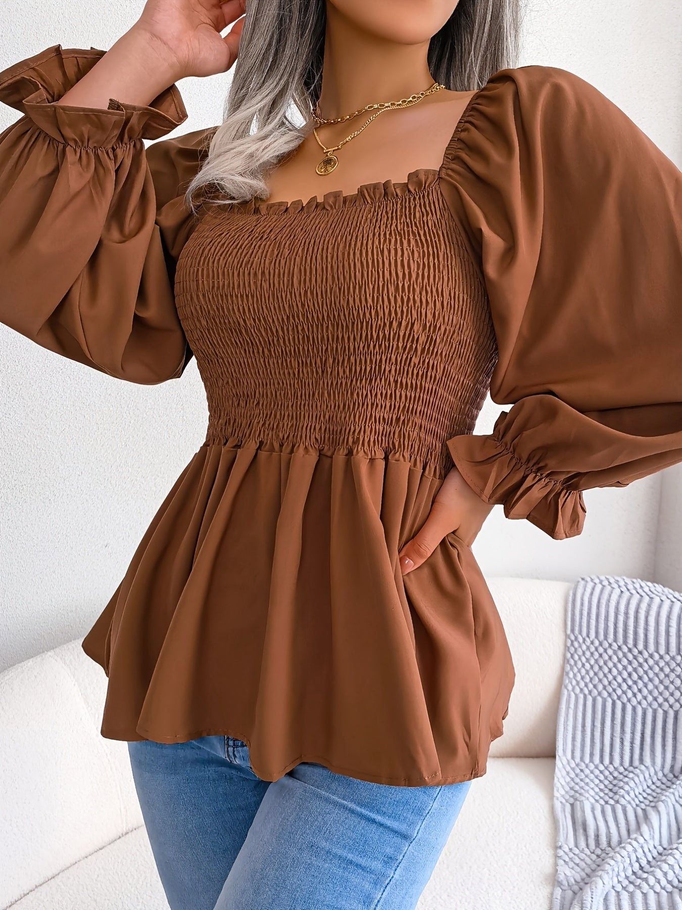 Shirred Lantern Sleeve Shirt, Casual Squared Neck Pleated Ruffle Trim Solid Shirt, Women's Clothing Wedding holiday vacation