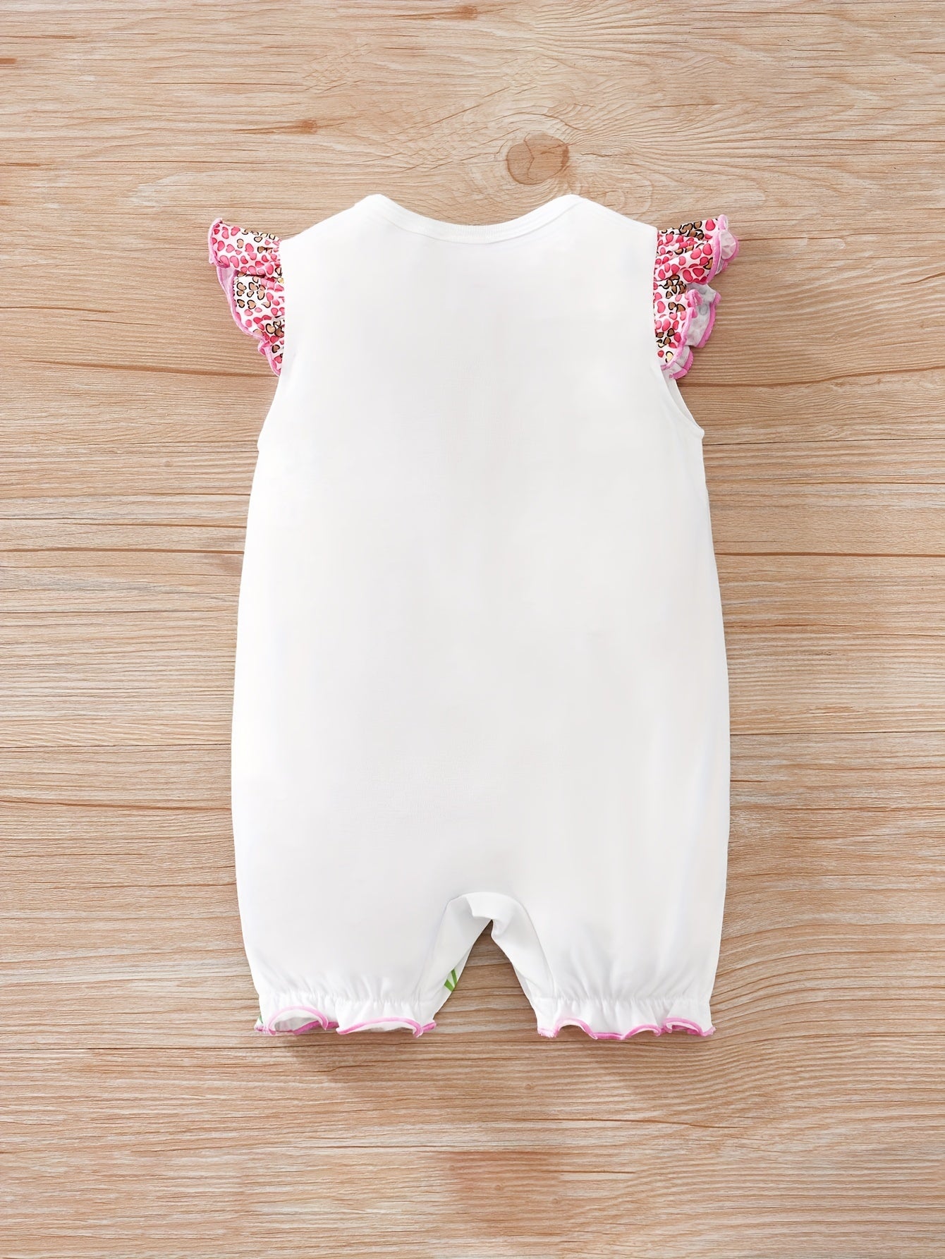 Baby Girls' Casual Romper - Cartoon Deer Print, Crew Neck, Polyester Knit Fabric with Slight Stretch - Summer Outdoor Wear | Flutter Sleeves | Hand Wash Only
