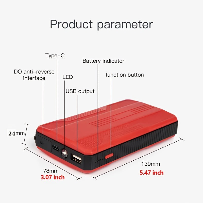 1pc Compact 26.64Wh Emergency Car Jump Starter Power Bank - Safe, Dual-Color, 12V Booster for Petrol & Diesel Vehicles, Portable, Rechargeable, Multi-Functional, LED Flashlight, USB Charging, and Travel-Friendly