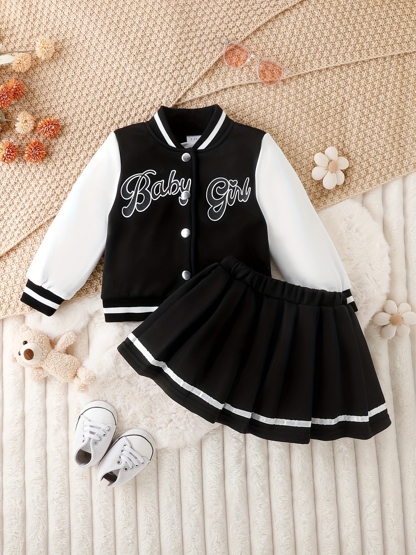Preppy Style Girls 2pcs BABY GIRL Print Baseball Jacket + Pleated Skirt Outdoor Set For Party Sports Gift