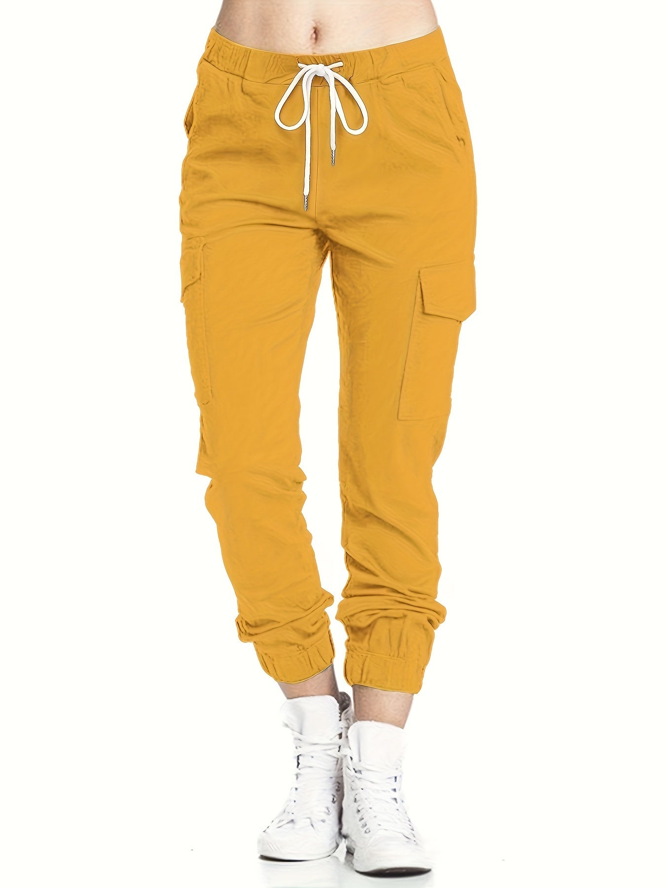 Y2K Chic Drawstring Cargo Pants - Stretchy Elastic Waist, Long Length, Multiple Pockets, Casual Comfortable Women's Clothing for Everyday Wear