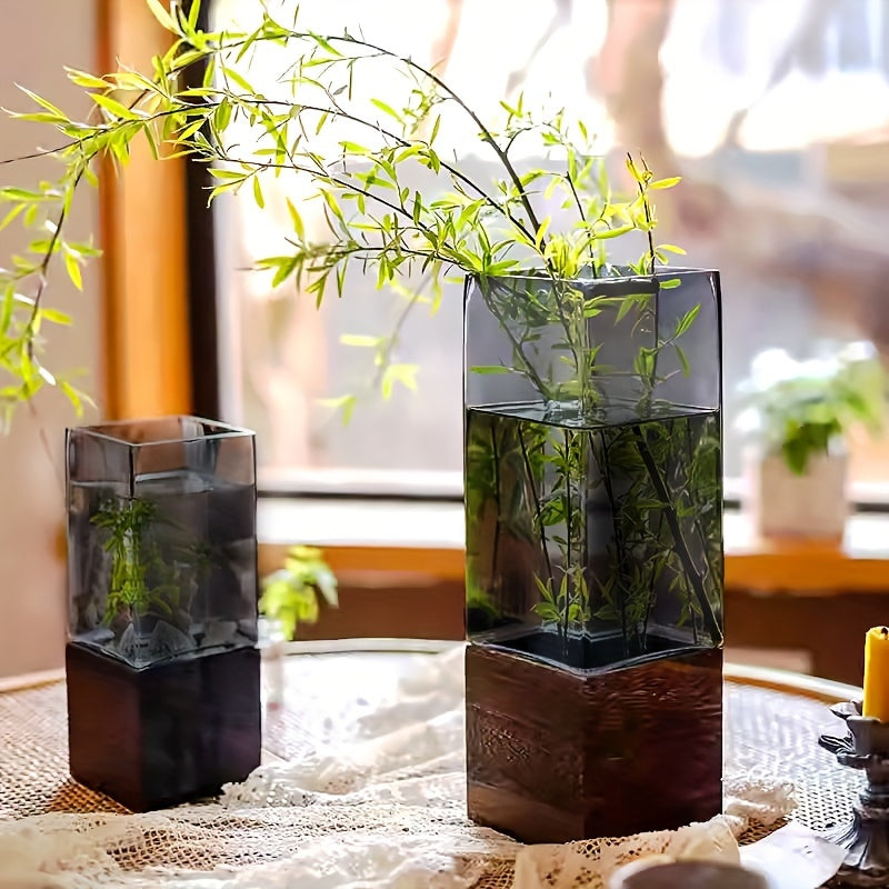 Acrylic Elegant Nordic-Style Vase with Wooden Base - Perfect for Living Room Decor & Floral Arrangements, Ideal Gift for Christmas, Thanksgiving & More