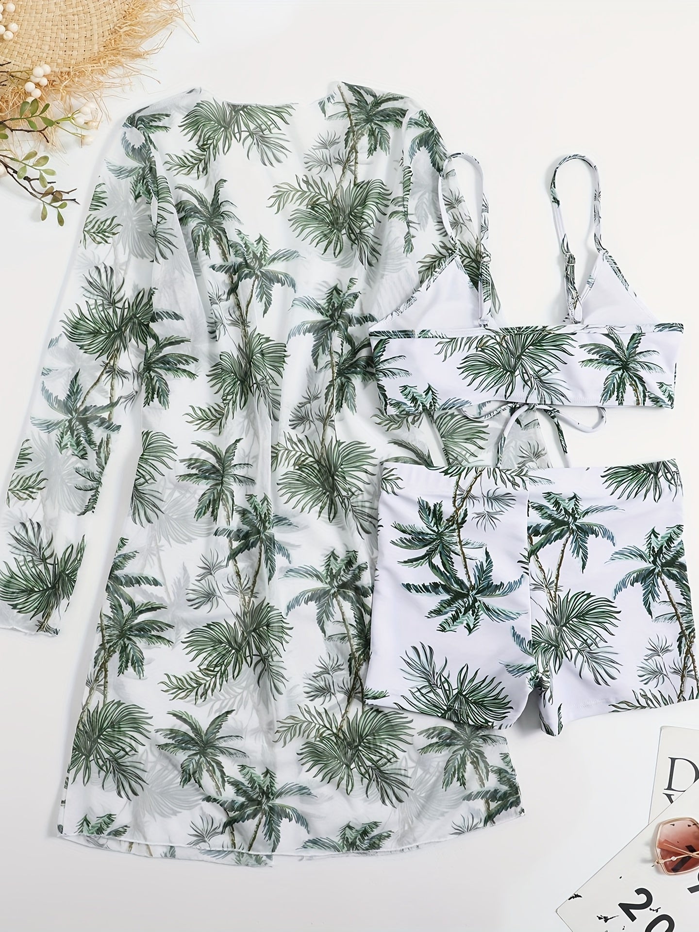 Three-piece swimsuit with flat-leg bikini for women, new style with split top and bow, fashionable beach and swimming outfit