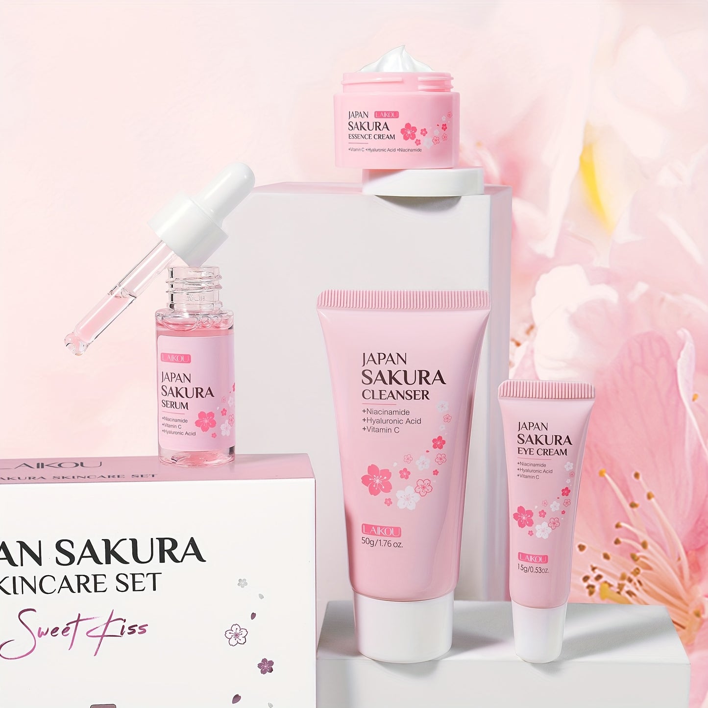 LAIKOU Sakura Cherry Blossom Skincare Set - 4pcs Cleanser, Toner, Eye Cream & Face Cream with Glycerin, Moisturizing for All Light Beige Types, Daily Care Essentials, Daily Skincare|Cherry Blossom Design|Glycerin Enriched, Sa
