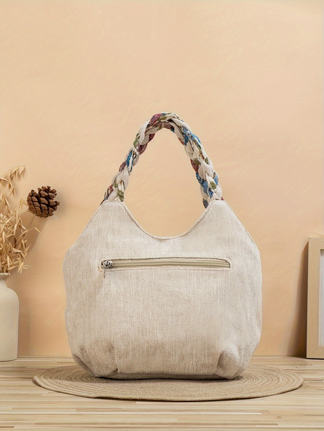 Foldable Zipper Closure Bohemian Style Handmade Flower Tote Bag - Fixed Shoulder Strap, with Wristlet, for Vacation