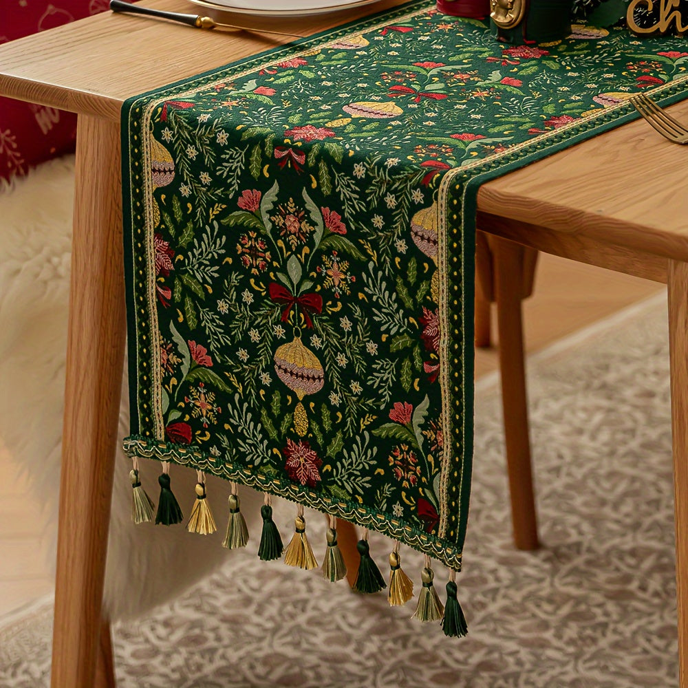 Rectangular Woven Polyester Blend Christmas Table Runner with Tassels - Festive Plant and Flower Pattern, Holiday Party Dining Decor