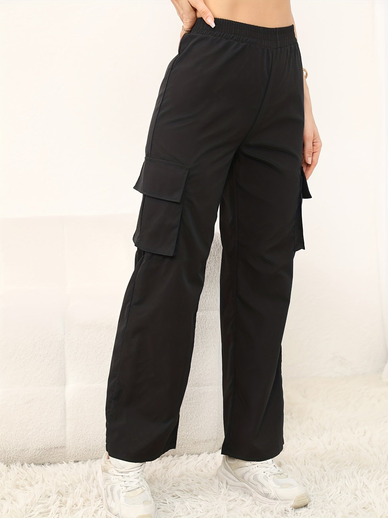 Solid Color Flap Pockets Straight Legs Trouser, High Waist Casual Wide Legs Cargo Pants, Women's Sweatpants