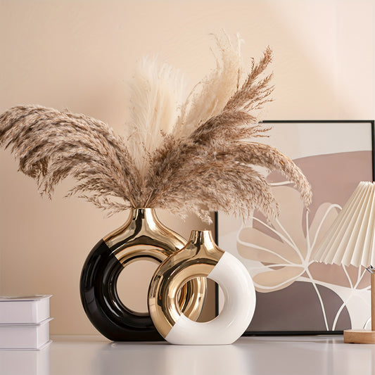 Chic Modern Ceramic Vase in Black, Golden & White - Geometric Design for Home Decor | Ideal for Dried Flowers, Fresh Blooms & Greenery | Perfect for Office, Living Room, Entryway, or Study Desk