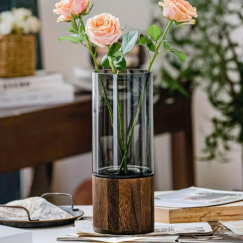 Chic Nordic-Inspired Glass Vase with Wooden Base - Perfect for Living Room Decor & Flower Arrangements
