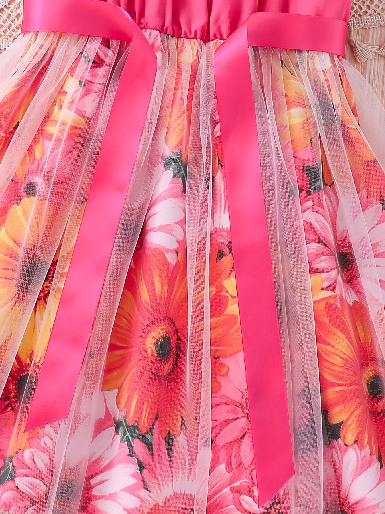 [Elegant Dress] Elegant Summer Party | Girls Splicing Flower Graphic Halter Neck Mesh Dress Tutu Dress | Gift