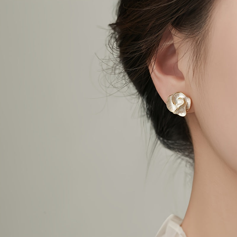 925 Silver Ear Post Elegant Camellia Flower Stud Earrings, Vintage Style, Alloy, Women's Fashion Jewelry, All-Season Accessory for Daily & Vacation Wear