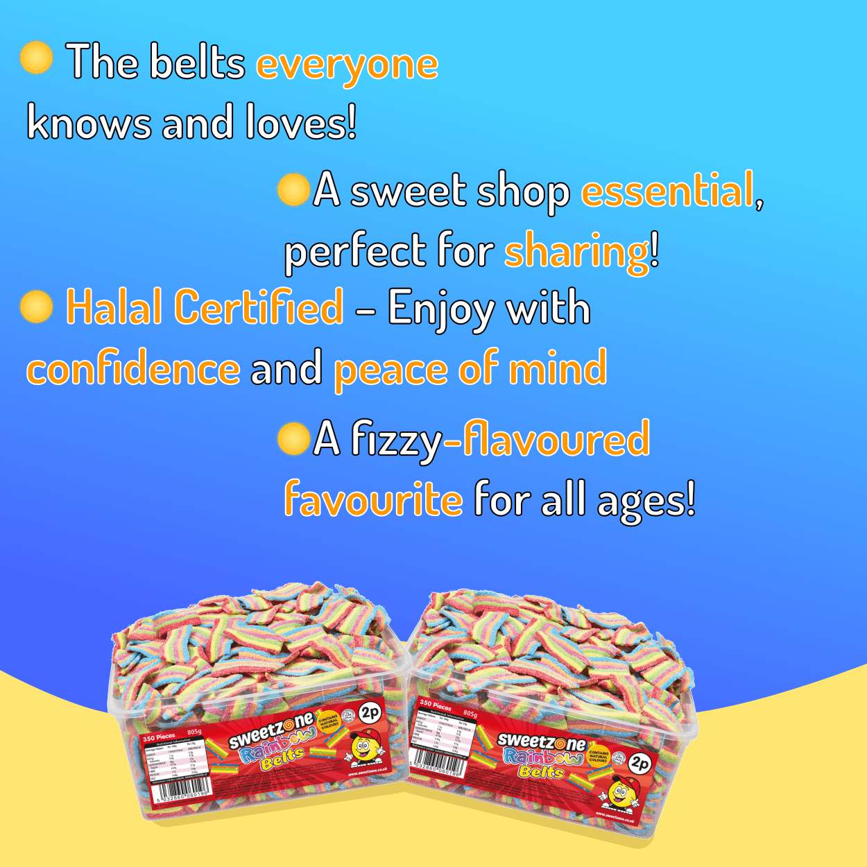Sweetzone Rainbow Belts- 805G Tub - 350pcs - Pic N Mix Style Sweets
