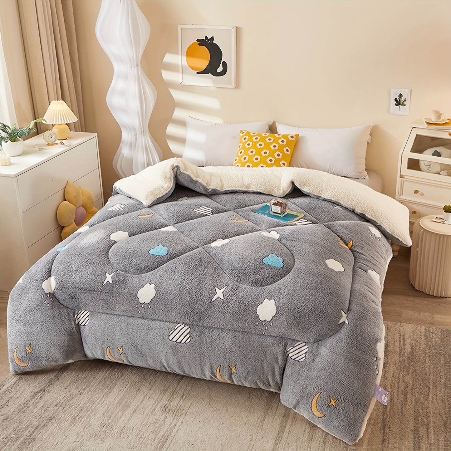 1pc Soft Warm Flower Fleece Printed Winter Polyester Comforter, Autumn And Winter Bedding Suitable For Bedroom, Guest Room