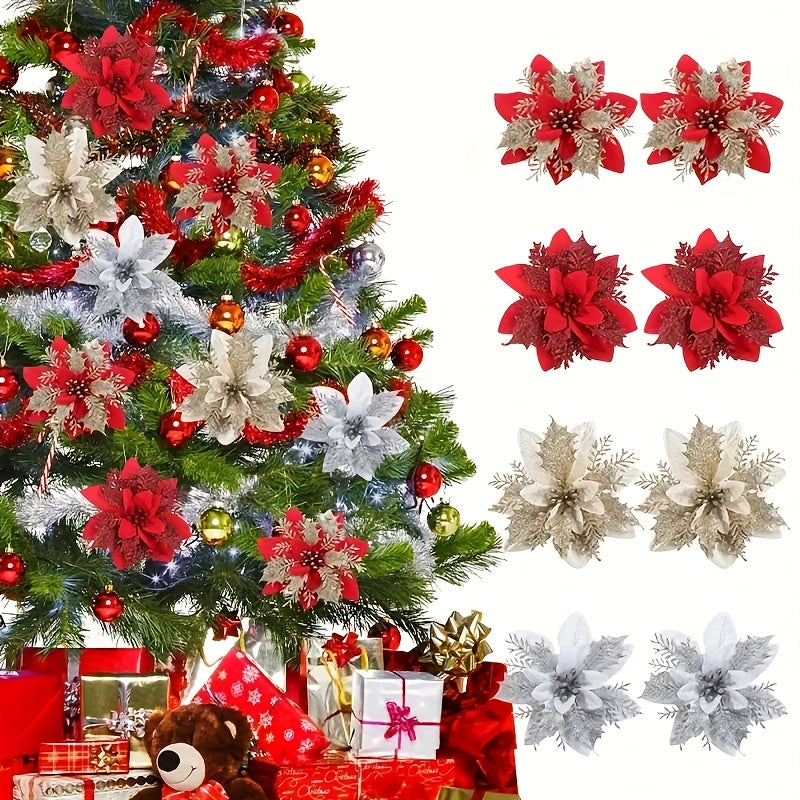 60-Piece 5.5-Inch Shiny Double-Layer Pink Edge - Christmas Floral Strips with Tree Decor and Wreath Accessories - Ideal for Holiday Parties & Weddings - Includes 30 Flower Branches + 30 Clips