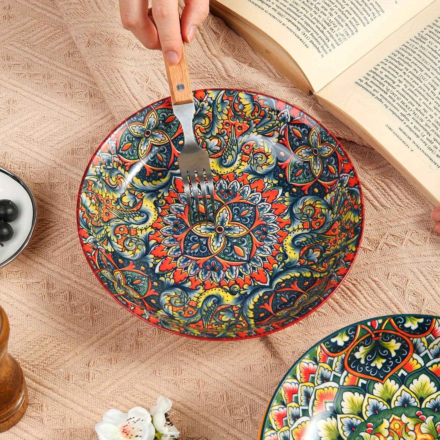 Bohemian Style Flower Themed Ceramic Dinner Plates Set of 2.54 - 20.32 cm Round Decorative All-Season Dishware for Steak, Pasta, Breakfast - Microwave Safe Ceramic Tableware for Restaurant and Home Use