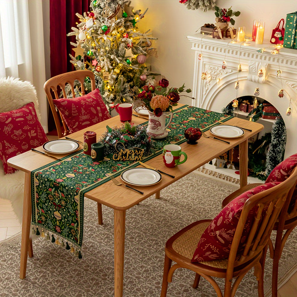 Rectangular Woven Polyester Blend Christmas Table Runner with Tassels - Festive Plant and Flower Pattern, Holiday Party Dining Decor