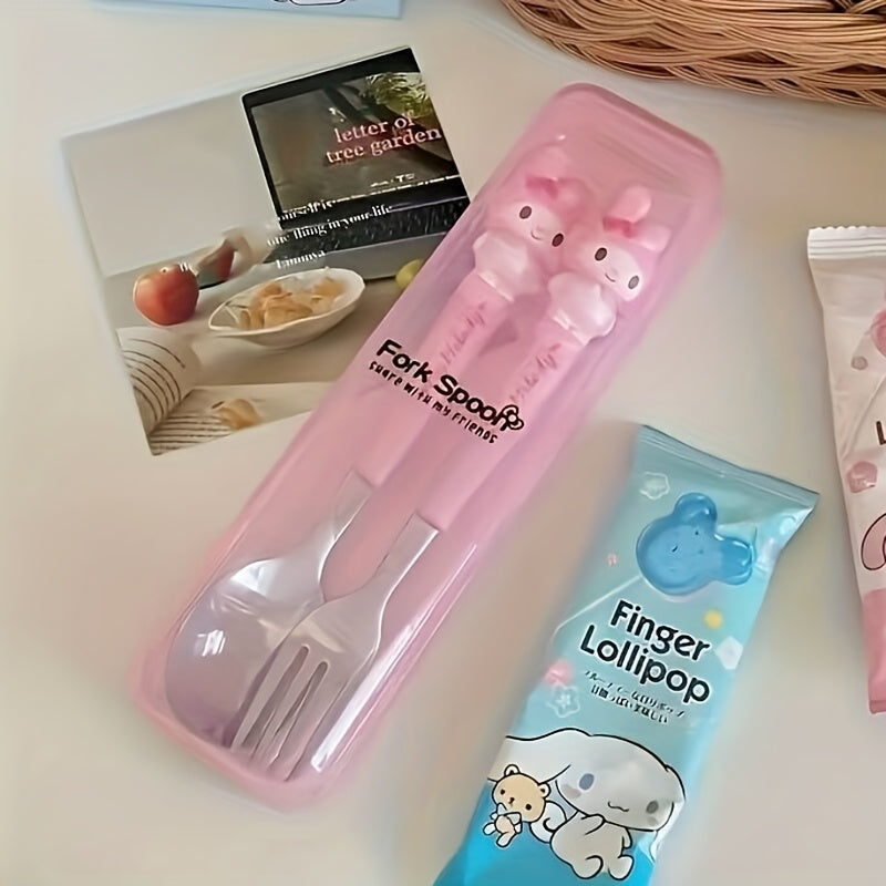 Sanrio Cute Cartoon 2pcs Tableware Suit-Stainless Steel Portable Travel Fork and Spoon with Cute Character Handle, Outdoor Eating Essentials, Onthego Dining, Fun Utensils, Stylish Cutlery, Polished Finish, Highquality Steel,