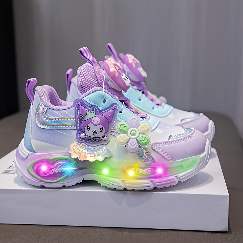 Sanrio Spring Girls' Sneakers - Cartoon Character Design, Glowing Lights, Soft Purple & White Casual Running Shoes for Youngsters, Casual Footwear | Playful Design | Comfortable Footwear, Sanrio Shoes