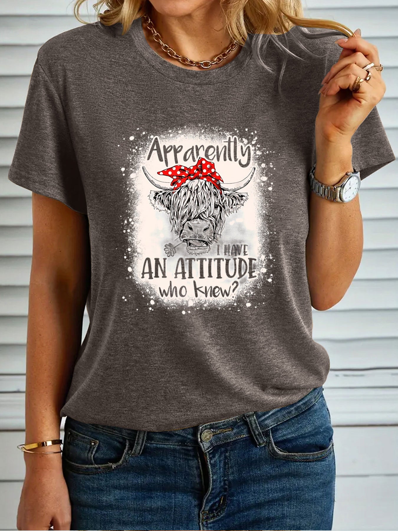 Women's Fashion T-shirt, "Apparently I Have An Attitude Who Knew" Highland Cow Pattern Casual Short Sleeve Top