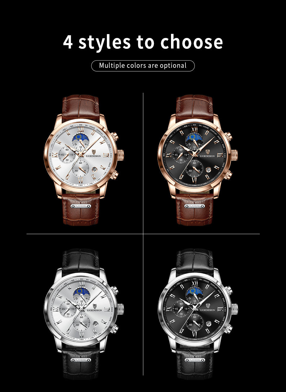 LIGE Men'S Quartz Watch | Vintage Style | Multi-Functional Chronograph | 30m | Calendar & Moon Phase | High-Quality Strap | Zinc Alloy Case, Electronic Drive | Non-rechargeable Button Battery | Luxury Business Watch, Business