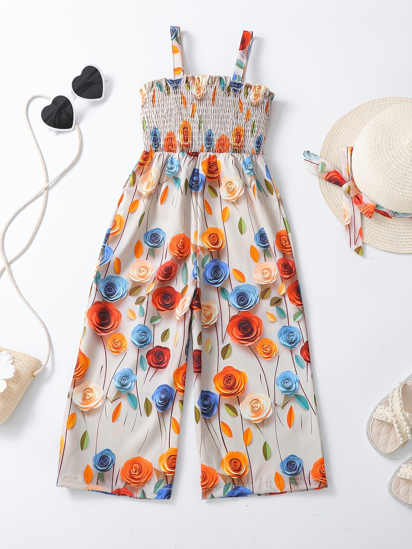 [Boho Flower Jumpsuit] Boho Flower Print Girls Shirred Cami Jumpsuit | For Going Out Party Holiday Kids Summer Clothes