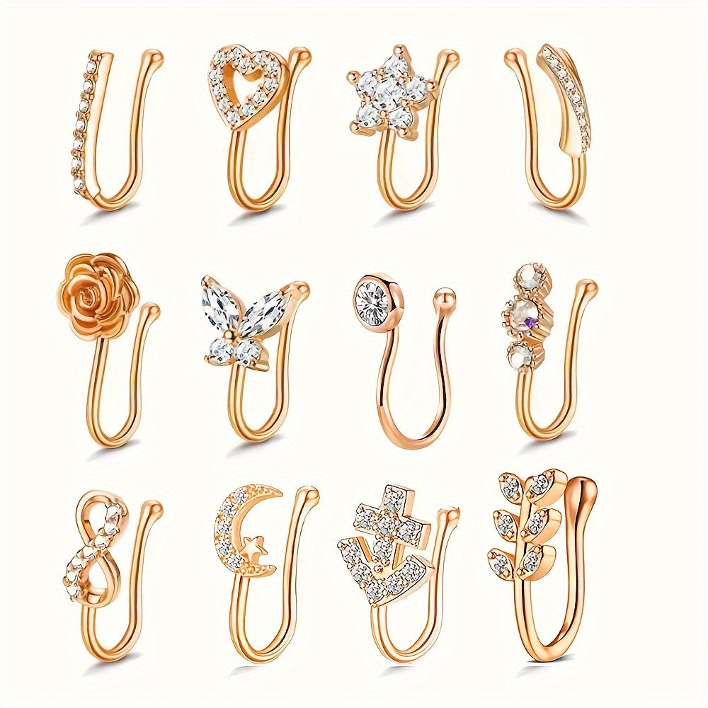 12pcs Elegant Vintage Copper Faux Nose Cuff Set, Non-Piercing Synthetic Zirconia Inlay, Star, Flower, Leaf, Heart Shapes, Clip-On Nose Rings for Women, Daily & Vacation Wear, Valentine'S Day Gift, All Seasons Compatible