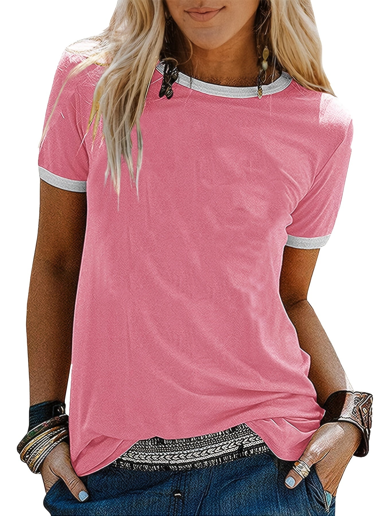 Summer Loose Crew Neck Short Sleeve Casual Simple T-shirt, Women's Clothing