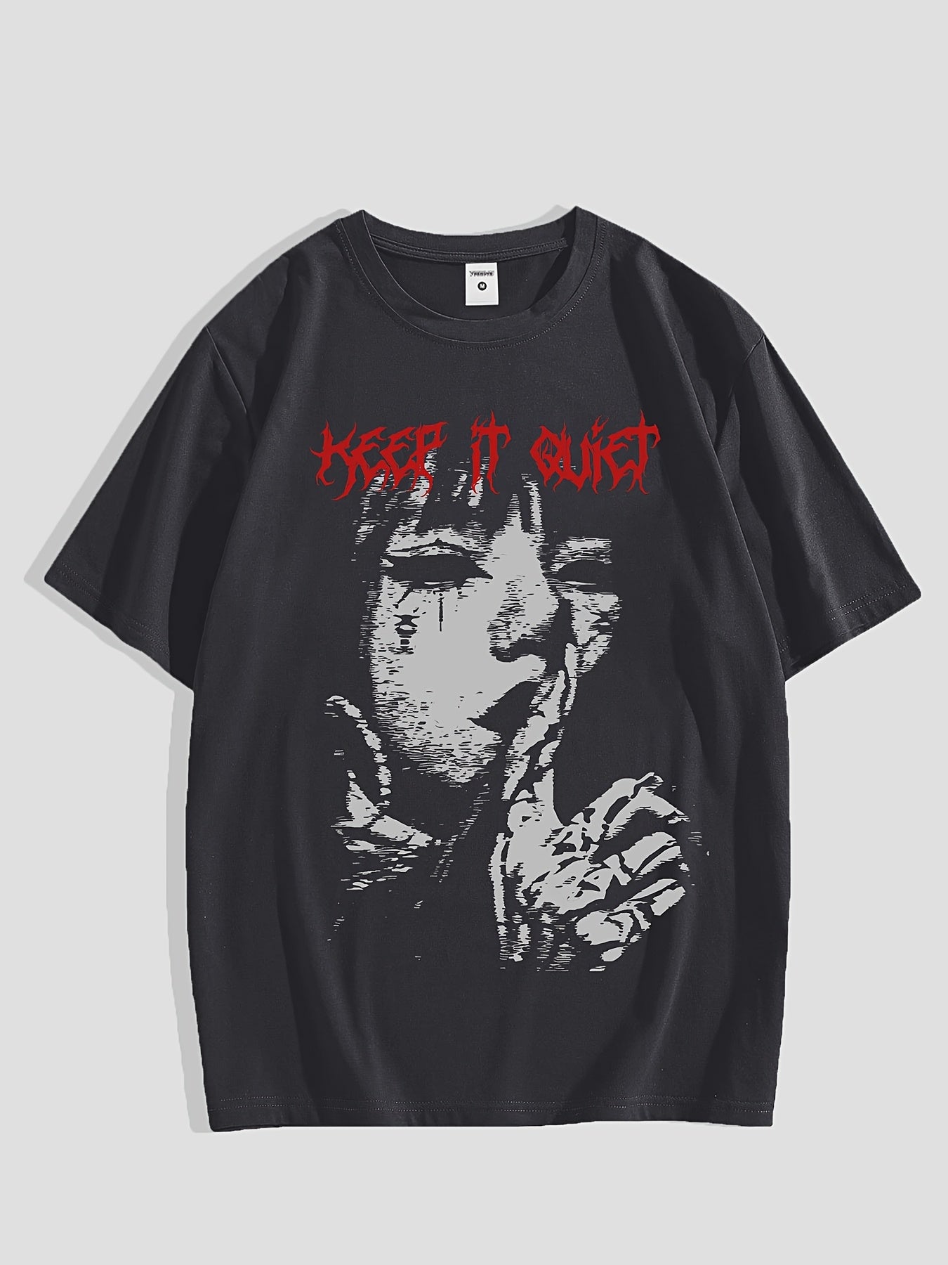 Men'S Keep it Quiet Gothic Character Graphic Tee - Casual Polyester Short Sleeve T-Shirt with Bold Red Lettering, Crew Neck, Spring/Autumn Streetwear