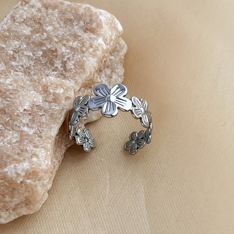 Fashion Stainless Steel Golden Flower Open Ring, Adjustable Rings, Girls Cute Hand Jewelry
