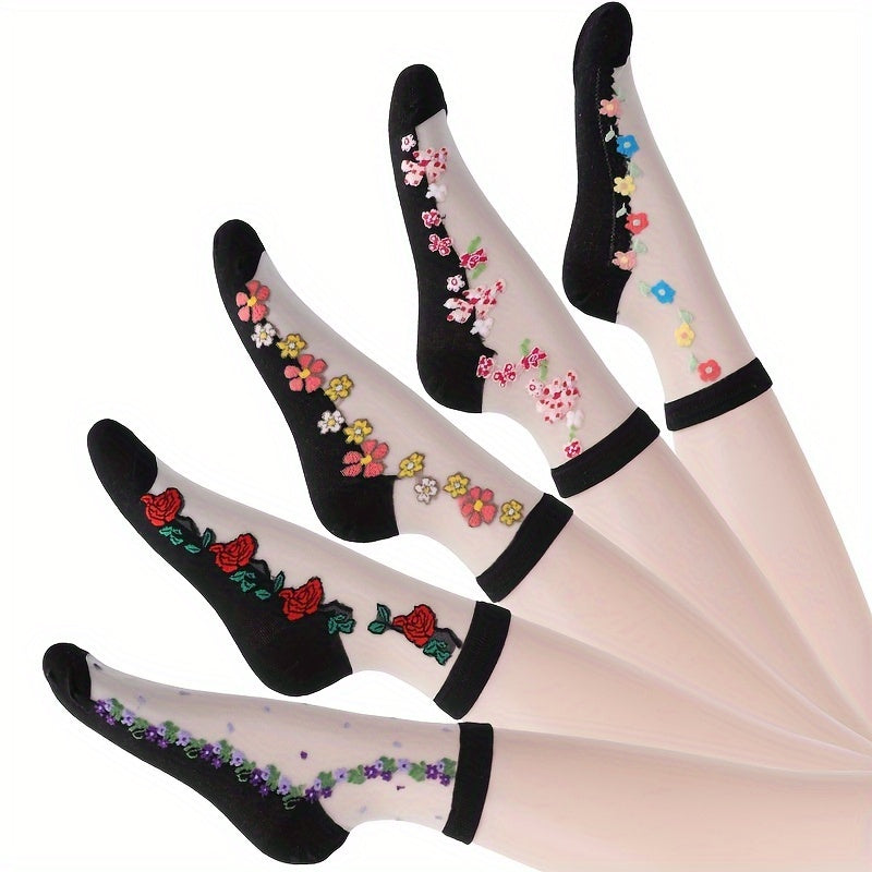 5 Pairs Mesh Floral Print Mid Tube Socks, Crystal Glass Short Thin Socks, Women's Stockings & Hosiery