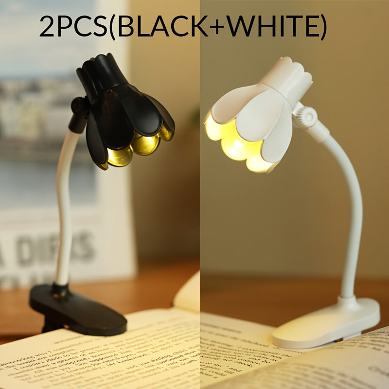 1/2/3pcs MINI Arm Adjustable LED Horn Flower Book Light - Battery-Powered Desk Lamp with Pink & White Design, Perfect for Reading at night, or Desktop Decoration, Portable reading Lighting, Desk Lamps for Home Office,mini boo
