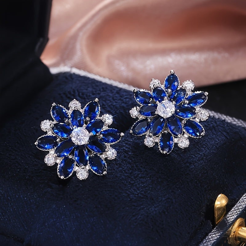 Luxurious Flower Earrings - A Pair With Shiny Synthetic Zirconia Inlaid - Suitable For Ladies' Wedding Parties, Jewelry, And Valentine's Day Gifts