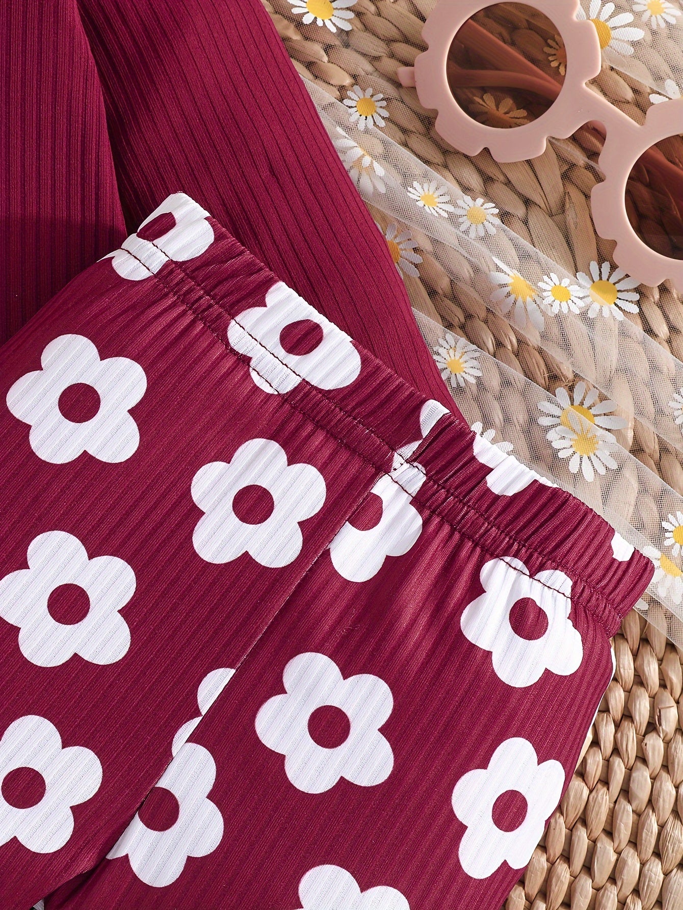 2-piece Baby's Flower Print Ribbed Long Sleeve Top + Casual Pants, Toddler & Infant Girl's Clothing Set Outdoor