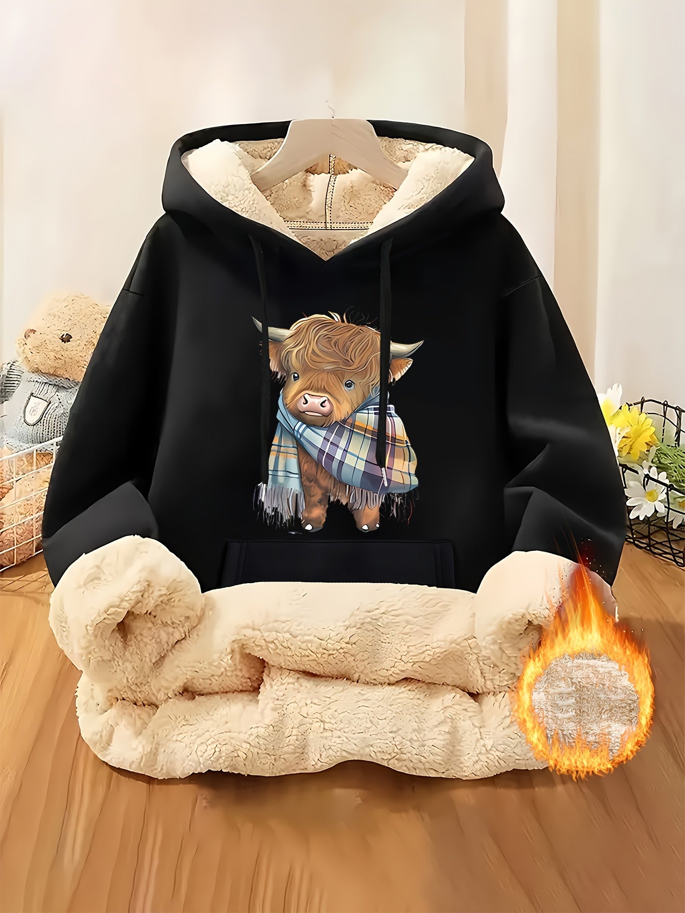 Women's Highland Cow Print Fleece Hooded Sweater - Thickened Winter Warmth, Cozy Plush Lining, Casual Retro Pullover with Pocket, Pink Scottish Cow Design, Sizes XS-XXL (Machine Washable) for Spring, Fall & Winter Layering