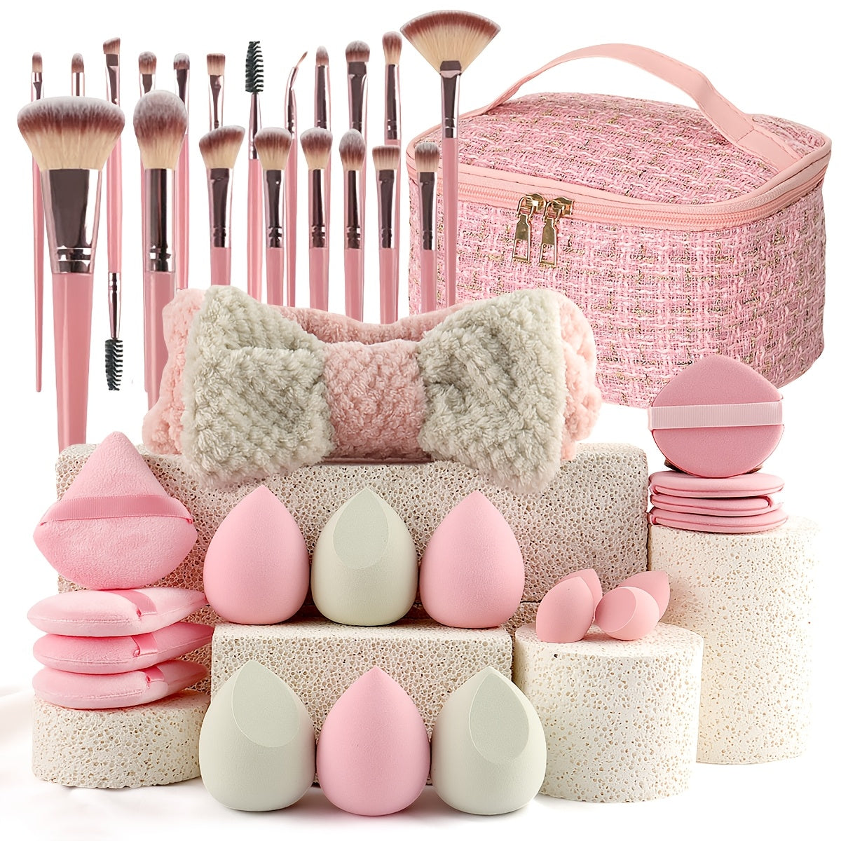 Popular Choice Luxury and Durable 21/41pcs of Pink Makeup Kit, the Set Includes a Multi-size Soft Brush, a Variety of Makeup Eggs, a Portable Large-capacity Travel Makeup Bag, and a Full Set of Pink 2026 Internet Celebrity Ma