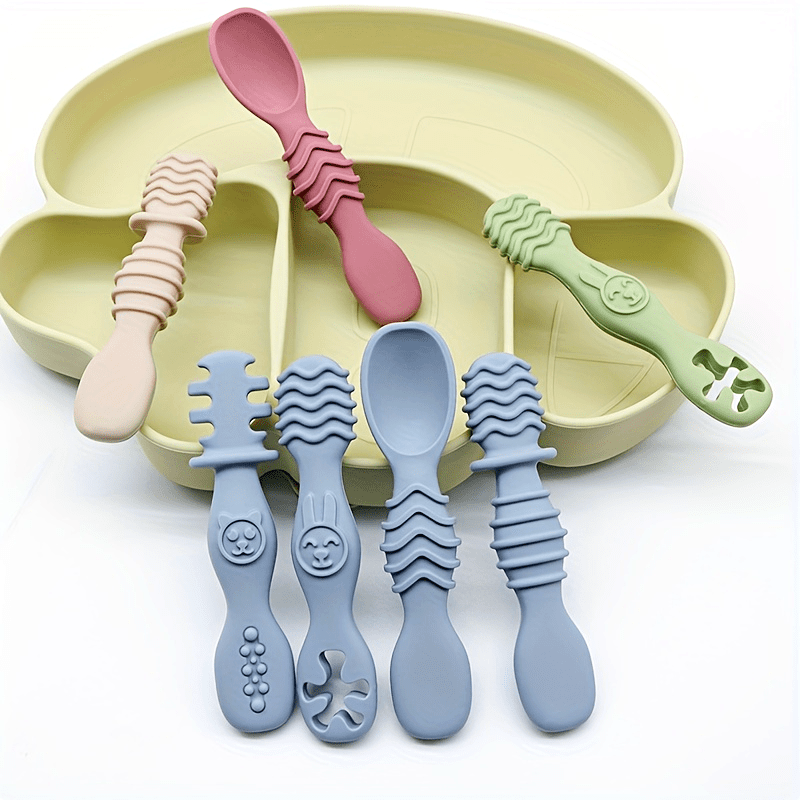 4pcs Baby Silicone Chewing Spoon Set, Food Grade Silicone Spoon And Fork Set, Silicone Spoon, Silicone Cutlery Training, Soft Feeding Cutlery