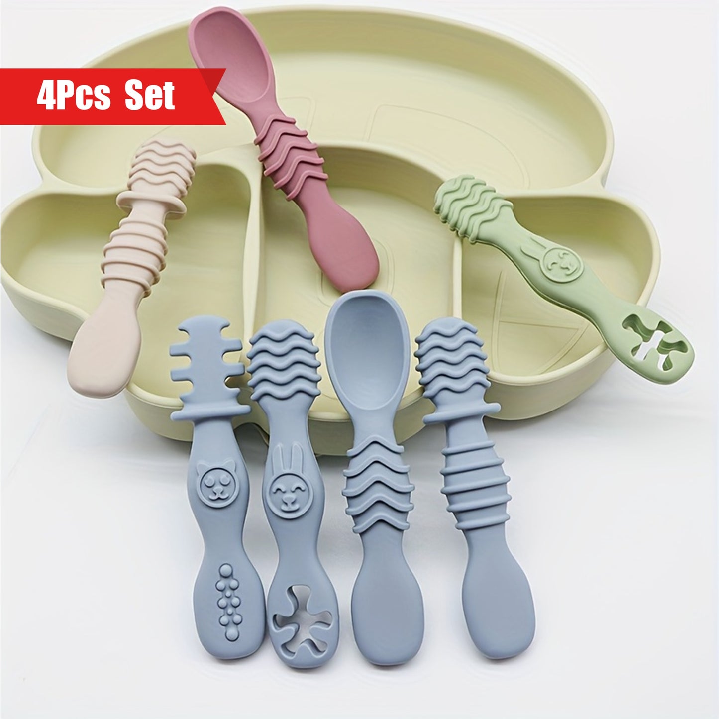 4pcs Baby Silicone Chewing Spoon Set, Food Grade Silicone Spoon And Fork Set, Silicone Spoon, Silicone Cutlery Training, Soft Feeding Cutlery